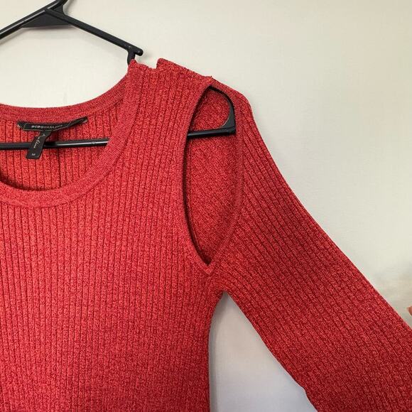 BCBGMAXAZRIA Rust Ribbed Knit Long Sleeve Dress Cutout Shoulder Slit - Picture 4 of 7